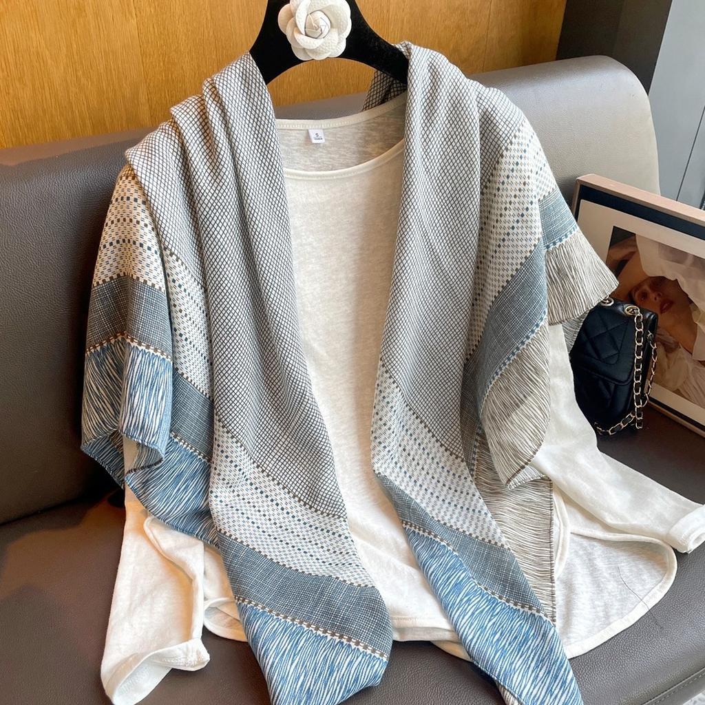 Small Plaid Linen Scarf For Women'S Summer New Sunscreen Large Square Scarf Thin Silk Scarf Air Conditioning Room Outdoor Shawl