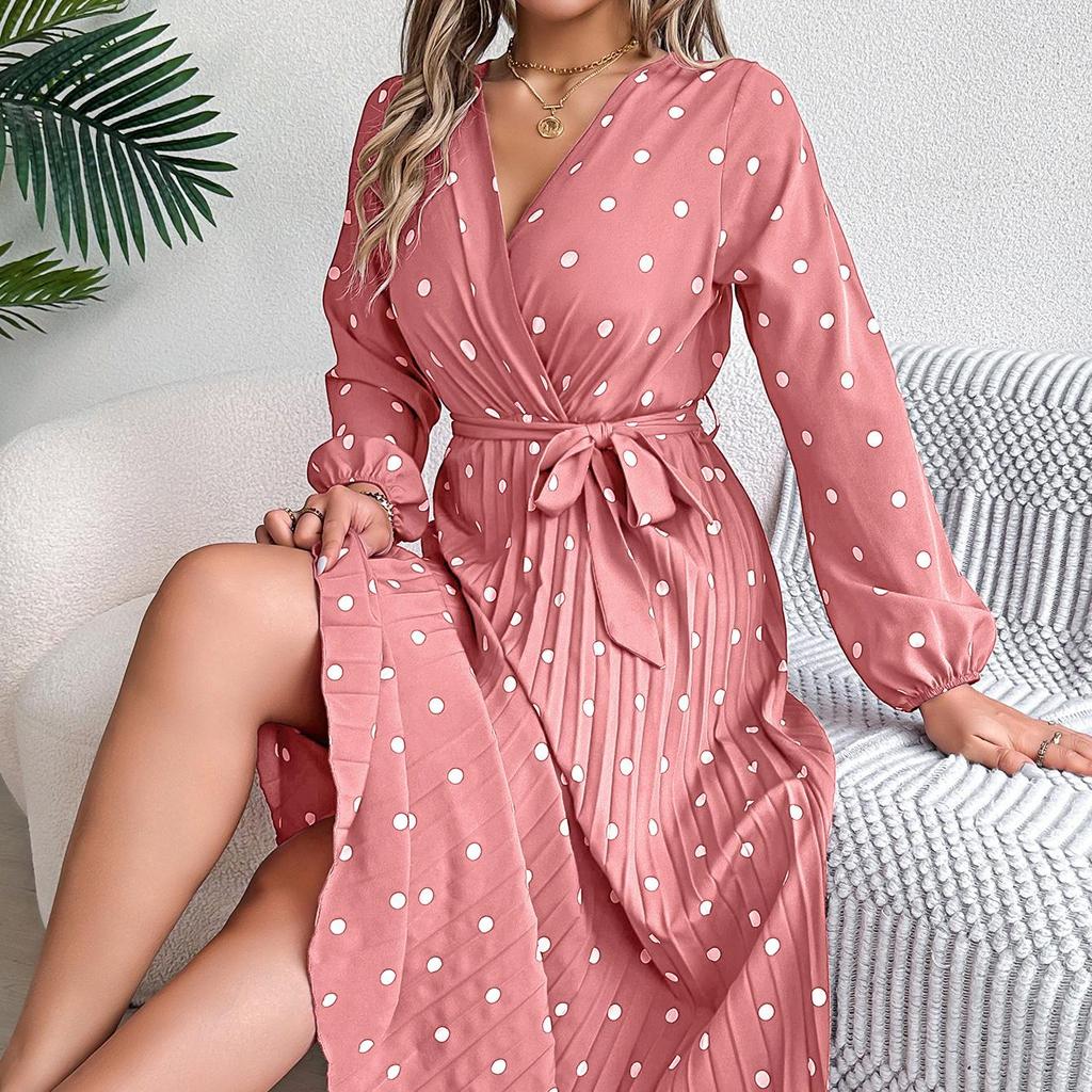 Осень-зима Женское длинное платье в горошек с завышенной талией и длинными рукавами