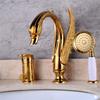 Tuqiu Gold Brass Swan Basin Faucet with Shower Head Bathroom Faucet Sink Mixer Tap Widespread Lavotory Faucet Sink Mixer