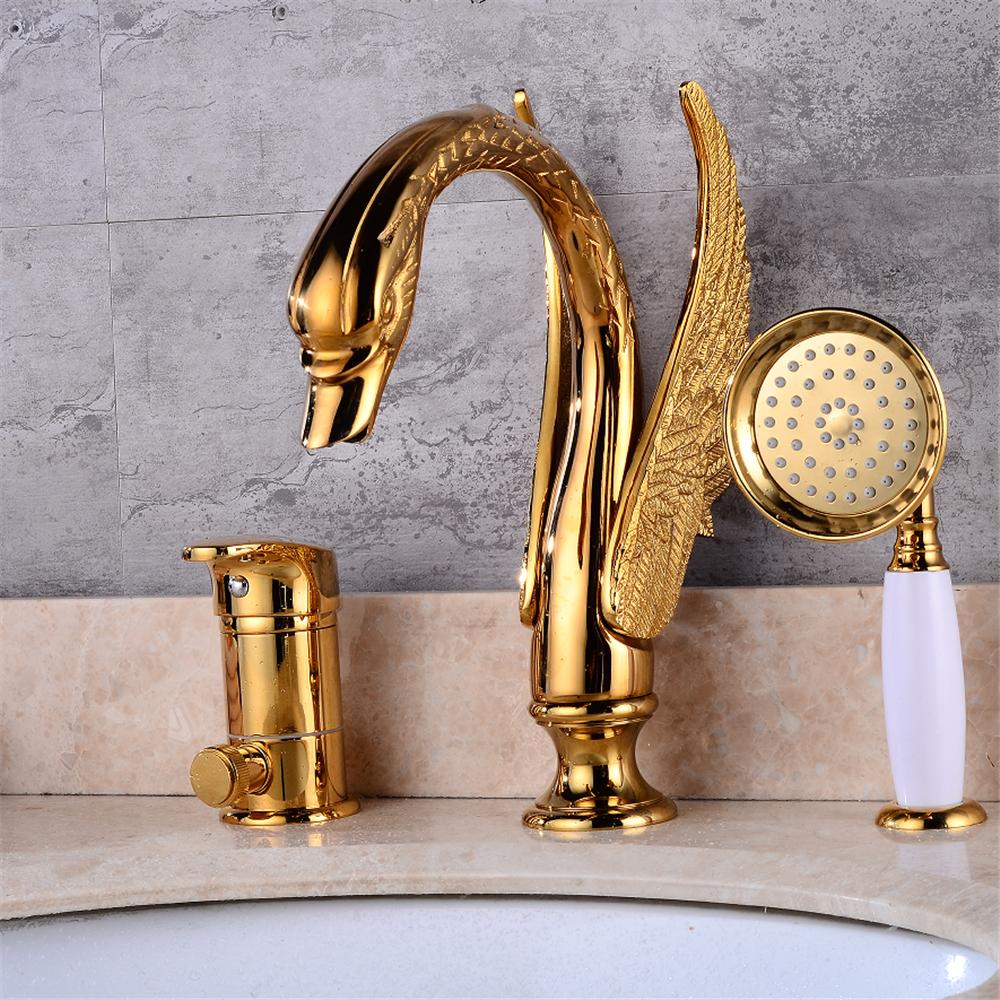 Tuqiu Gold Brass Swan Basin Faucet with Shower Head Bathroom Faucet Sink Mixer Tap Widespread Lavotory Faucet Sink Mixer
