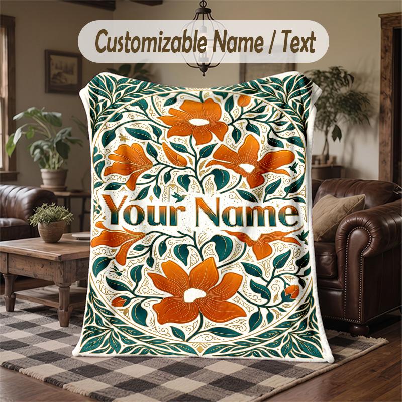 Floral Art Nouveau 4 Theme Throw Blanket Custom Name Text Personalized Blanket Soft Cozy Blanket for Home Sofa Bed