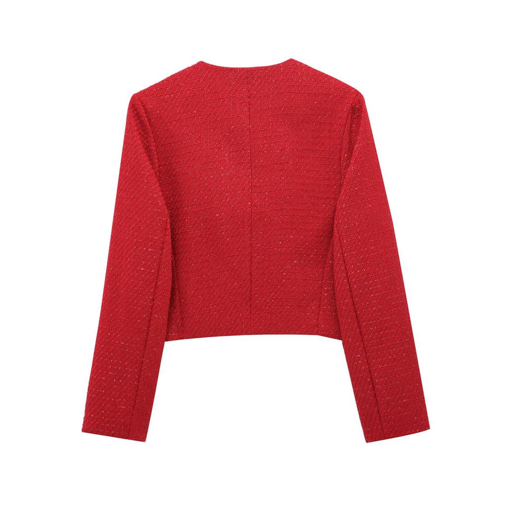 Женская мода весна 2025: Европейский и американский универсальный текстурированный пиджак в французском стиле с пуговичным декором