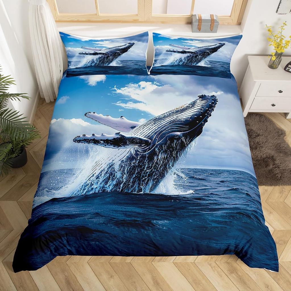 Blue Sea Whale Duvet Cover King Full Cartoon Ocean Animal Kids Bedding Set Coastal Beach Comforter Cover Ocean Waves Quilt Cover