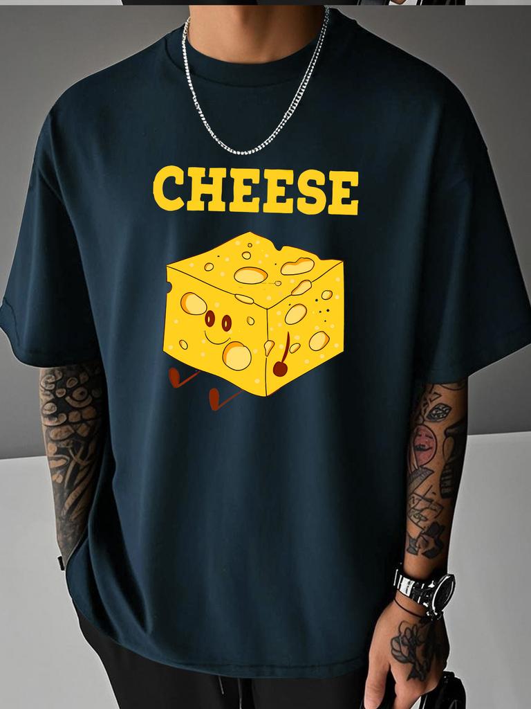 Unisex Summer Casual Short Sleeve T Shirt Cartoon Cheese Block CHEESE Letter Print Oversized Loose Street Daily Fashion Tops