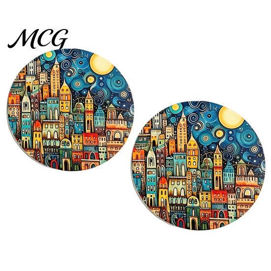 Easy Clean Car Coasters 2PCS Coasters, Oil Painting Print, Decorative Non-Slip Thermal Pads, Stain-Resistant Modern Accessory Gift to Cup Holders, for