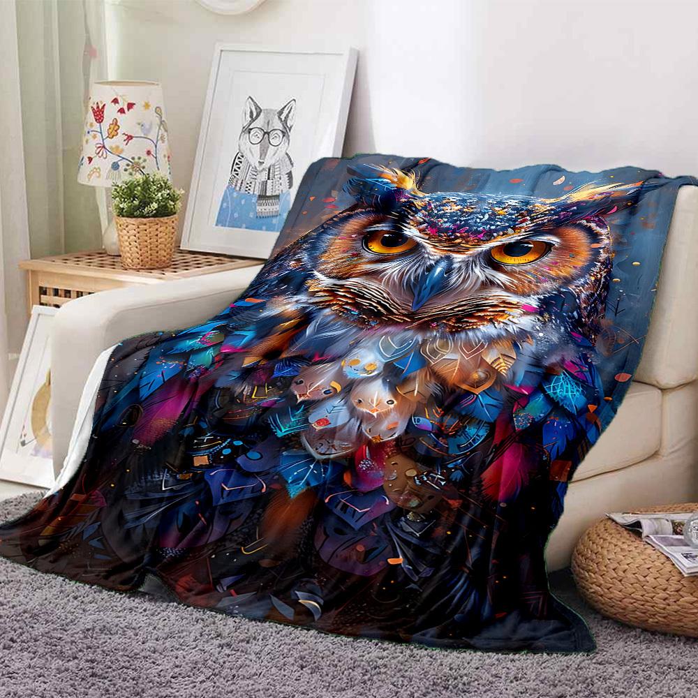 1pc Owl Feather Print Blanket - Lightweight Flannel Fleece with Digital Printing, Soft Warm for Sofa, Travel, Camping, Office yy251018329