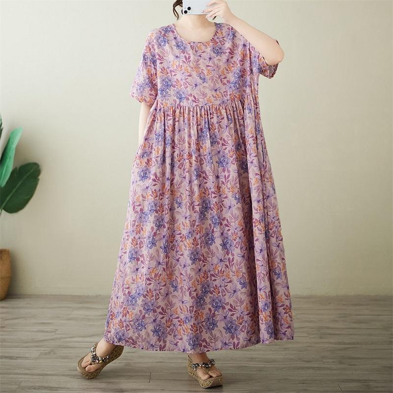 Новое хлопковое винтажное платье с цветочным принтом больших размеров с коротким рукавом для женщин, повседневное свободное длинное летнее платье
