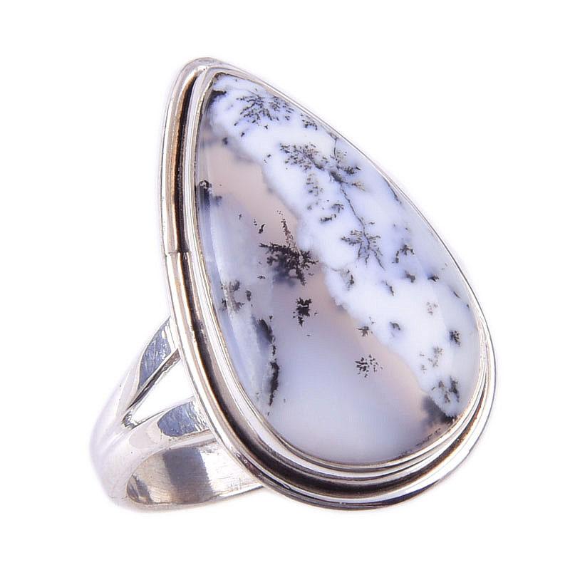 Кольцо из чистого серебра 925 пробы с натуральным опалом и дендритом ручной работы S.7 I2h61