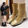 Мода 2024 года, новинка, ботильоны на толстом каблуке, черные, абрикосовые, флок, женские зимние туфли, элегантные, короткие, на высоком каблуке, женские