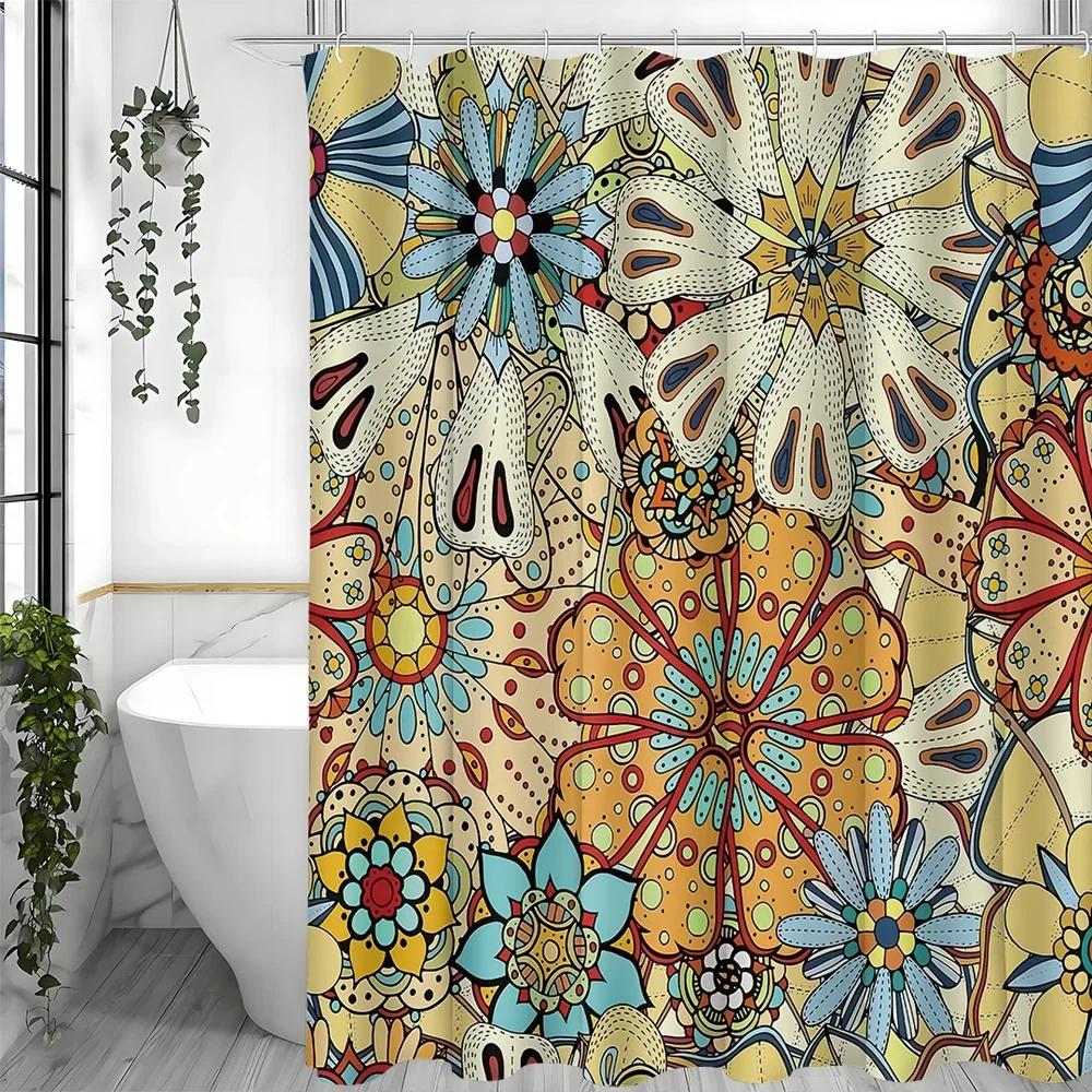 ~O~Colorful retro hippie flower shower curtain, bathroom decoration shower curtain, waterproof shower curtain with hooks