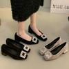 Spring 2025 New French Thick Heel Single Shoes High-end Xishi Velvet French Rhinestone Square Buckle Temperament Ladyshoes Women's Shoes