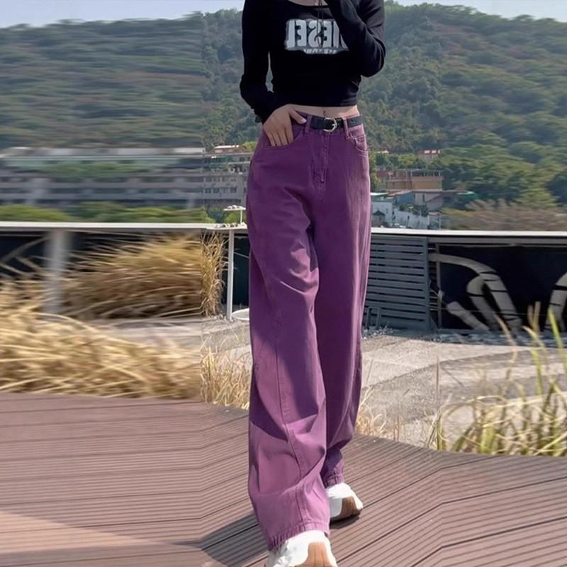 Womens Purple Wide Leg Jeans American Vintage Loose Straight Pants Plus Size Casual Trousers