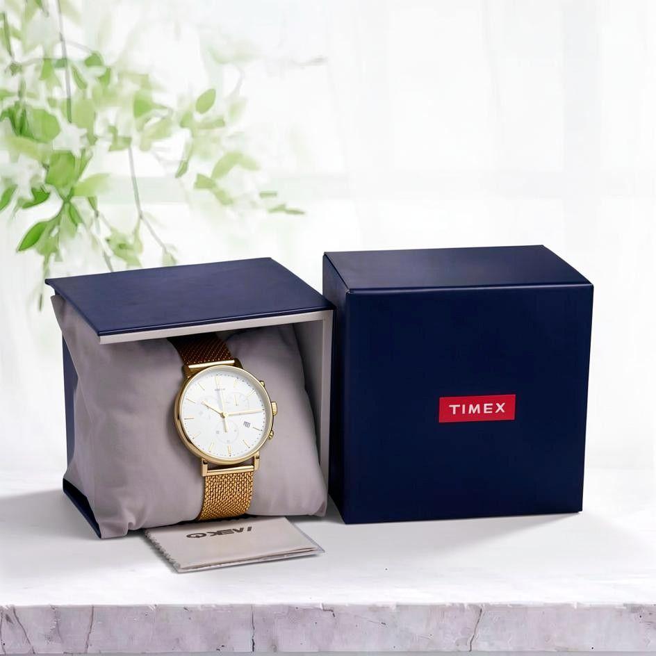 Б/У [Батарея заменена] Кварцевые часы TIMEX Fairfield Chrono 42 мм Металлический сетчатый ремешок Золотой тон