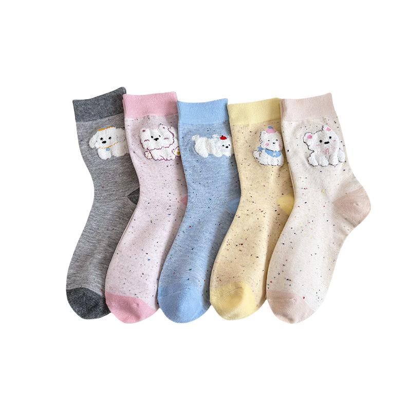 Female Spring and Summer Tie-in Color Yarn Lovely Cartoon Flock Puppy Tube Socks