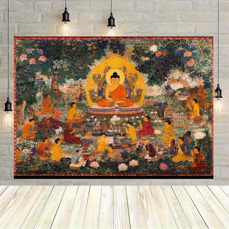 VIKAMA Buddhas Preaching Thangka Tapestry Lotus Garden Scene Wall Hanging For Prayer Room Tea Room Living Room Decor Cultural