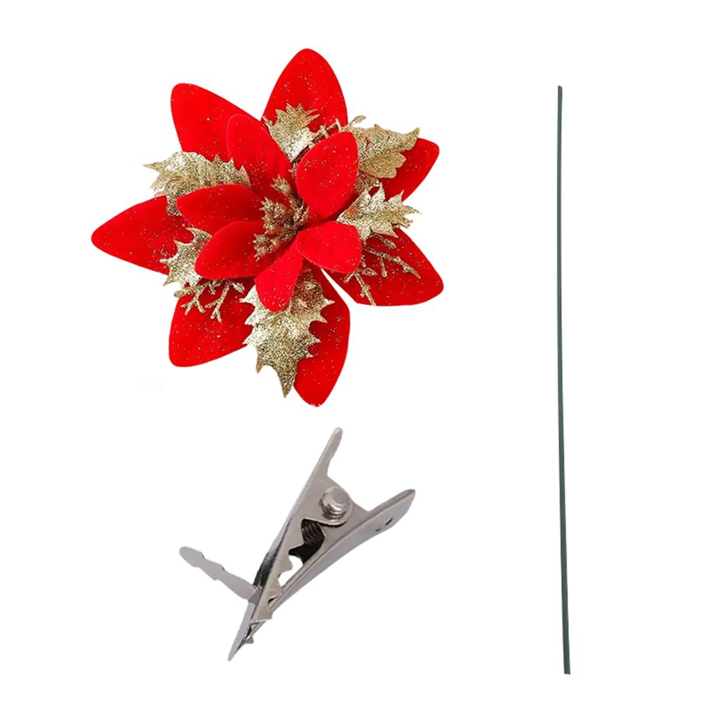 Glitter Poinsettia 5.5 Inch Artificial Flower Christmas Clip Stem Christmas Tree Ornaments For Wedding Party Wreath Decoration