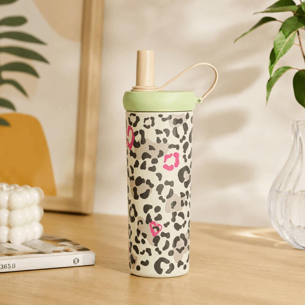 Stainless Steel Straw Thermos Cup Leopard Pattern Outdoor Insulated Mug Drinking Straw Cup Cycling