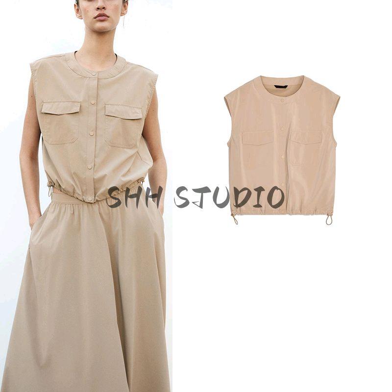 Spring and Summer New Women's Clothing French Press Ornament Minimalist Elastic Hem Round Neck Sleeveless Vest 8351025