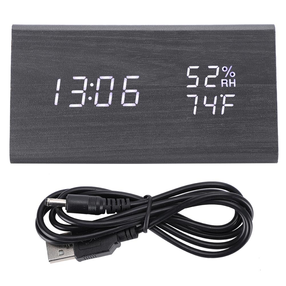 Digital LED Wood Desk Clock Voice Control Triangular Temp Humidity Alarm White Light
