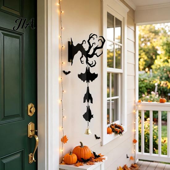 Halloween Wall Hanging Ornament Decor, Matte Black Dead Branch Bat Silhouette Festival Gift for with Metal Bell, Easy Install Indoor Outdoor Entryway