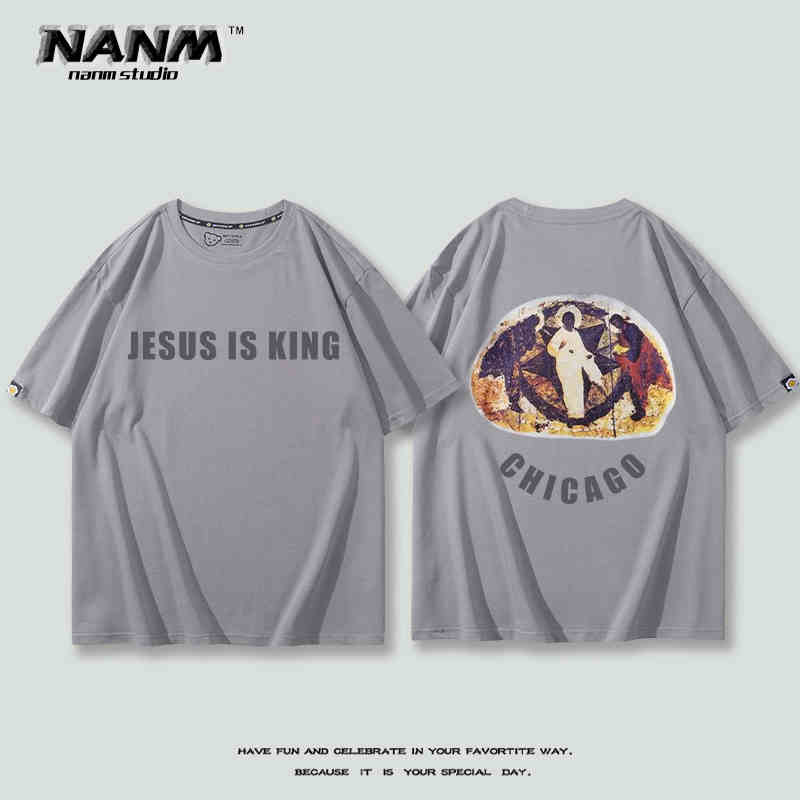2024 New Fashion KANYE with Short Sleeve T-shirt Boys Kanye Music Festival Three Gods Religious Oil Loose Hip Hop Half Sleeve