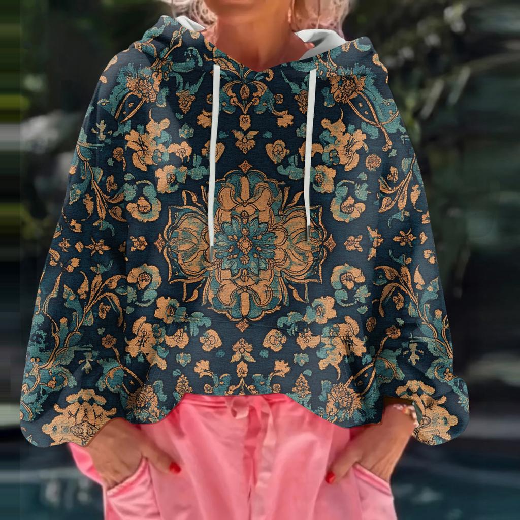 Женский худи свободного кроя с цветочным принтом и длинными рукавами