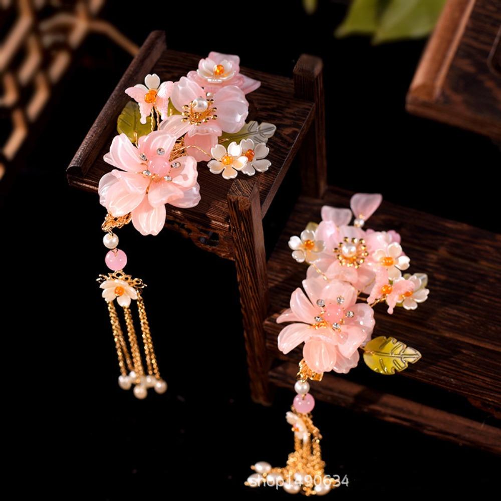 Tassel Floral Hair Stick Pearl Flower Hair Comb Elegant Tang Dynasty Hairpin Jewelry