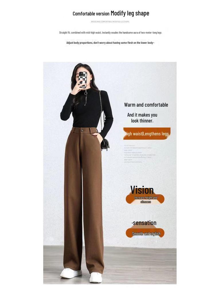 Women's Wool Fleece-Lined High-Waisted Wide-Leg Pants for Autumn/Winter 2025