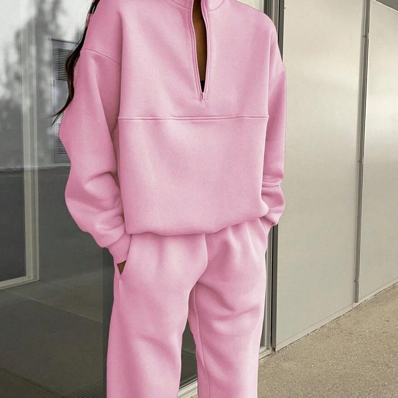 Женский однотонный свободный повседневный спортивный костюм из двух частей, комплект из осенне-зимнего комплекта с воротником-стойкой, застежкой-молнией, длинными рукавами, толстовка с капюшоном, прямые длинные брюки
