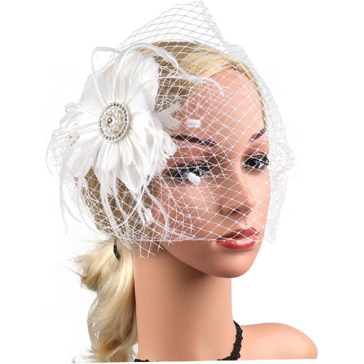 Fascinator Hair Clip with Mesh Veil 1920s Style Women’s Tea Party Headpiece Bridal Cocktail Hat for Special Occasions White