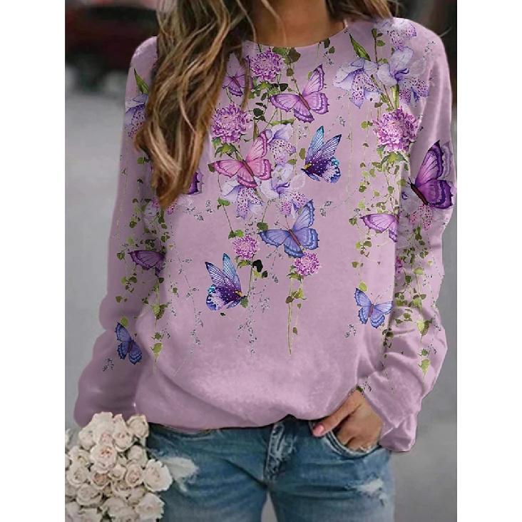 Новая осенне-зимняя женская толстовка с круглым вырезом, короткими и длинными рукавами, с цветочным, бабочковым и животным принтом