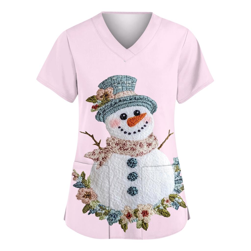 Женский модный рабочий топ с V-образным вырезом, рождественским принтом, короткими рукавами, карманом, боковым разрезом, базовый пуловер