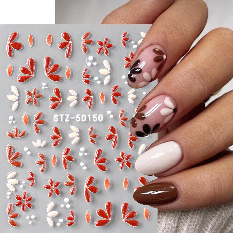 Xiaomi 2pcs Embossed Autumn Leafs Nail Art Sticker Red-brown White Leafs Fall Winter Charms Self-Adhesive Decals Nail Art Decoration