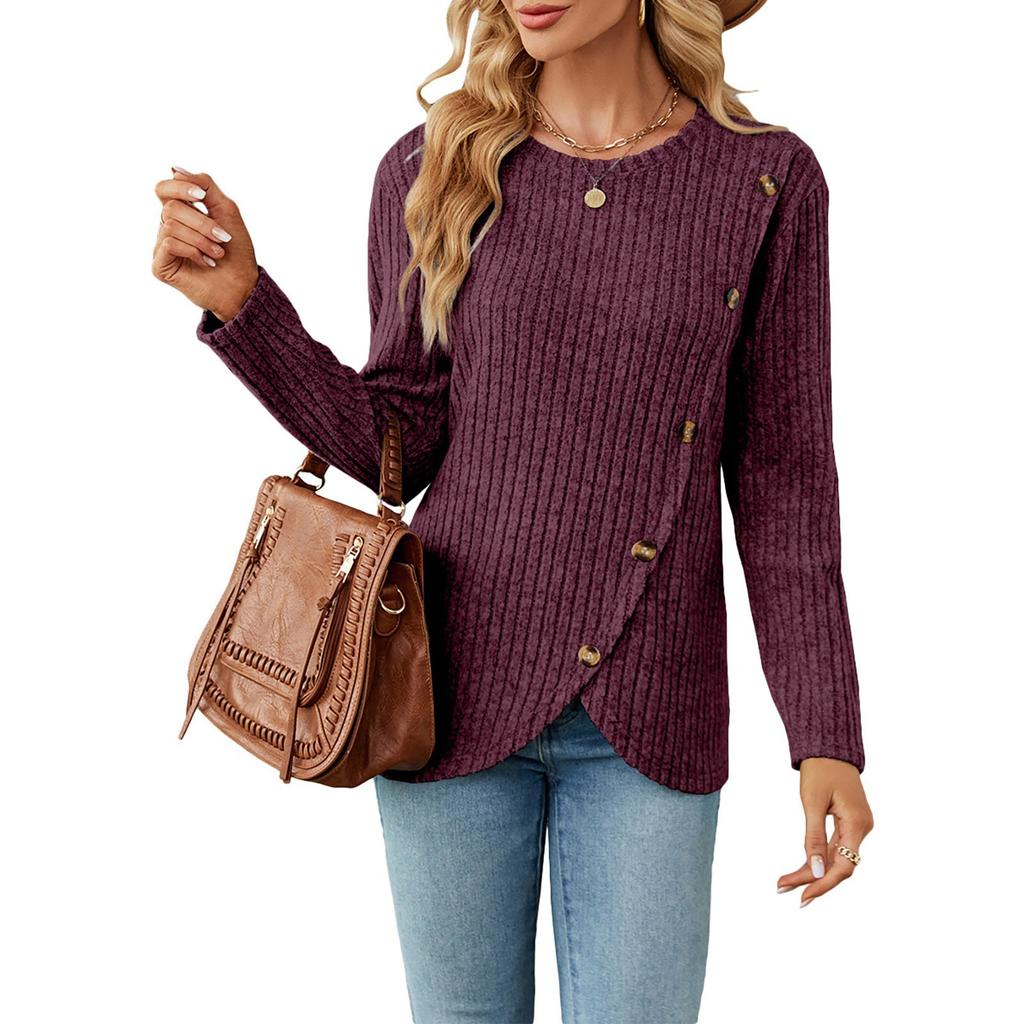 Женский модный сексуальный удобный пуловер с круглым вырезом для отдыха, длинный рукав и пуговицы с разрезом по краю