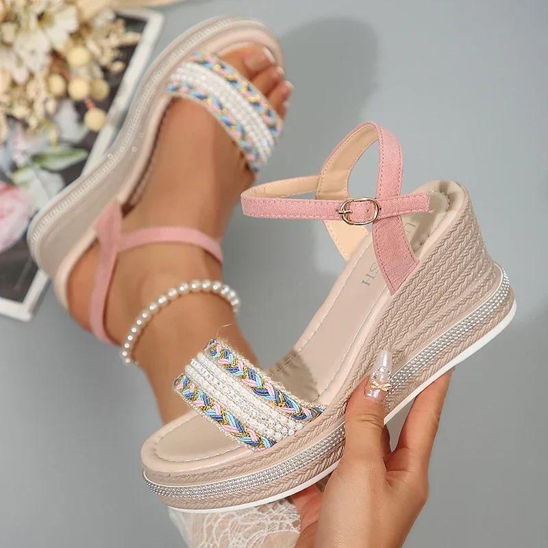 Fashion Crystal Weave Wedge Heels Sandals Women 2025 Comfort Thick Sole Platform Summer Shoes Woman Ankle Strap Chunky Sandalias Mujer