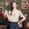 Модная новинка, летняя шифоновая блузка в китайском стиле с коротким рукавом и воротником-стойкой, с вышивкой, женская рубашка J384