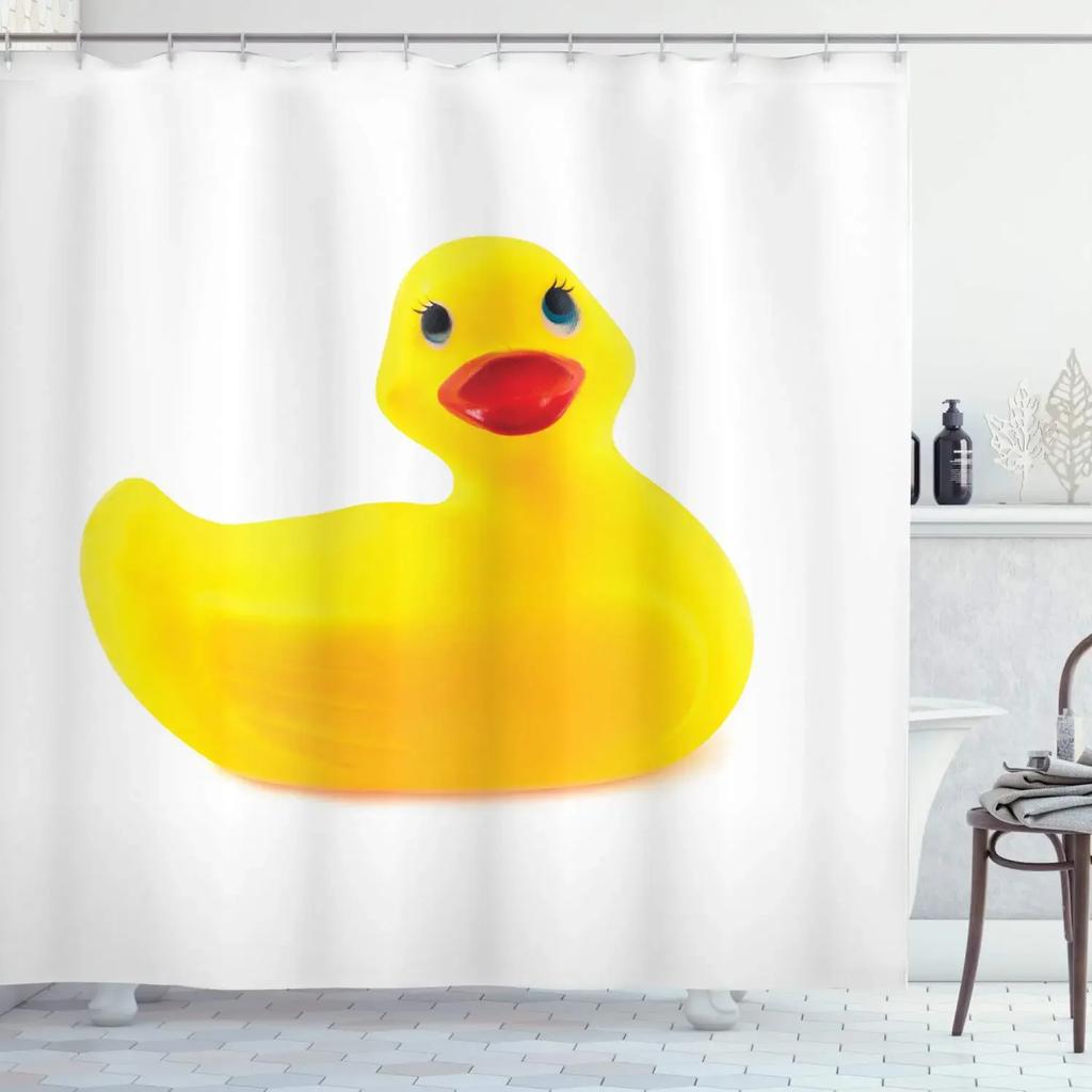 Duck Shower Curtain Cartoon Character Taking A Bath Colorful Drops Backdrop Dots,Cloth Fabric Bathroom Curtains with Hooks
