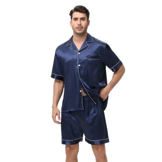 2Pcs/Set Men Pajamas Set Lapel Short Sleeve Single Breasted Tops Elastic Waist Shorts Set Solid Color Satin Sleepwear