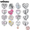 WOSTU 925 Silver Pink Love Heart Charms Bead Infinite Love Pendant Fit Bracelet Valentine Jewelry Mother's Day Gift