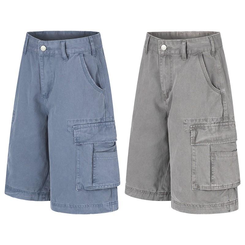 Mens Womens Denim Shorts American Street Style Washed Distressed Cargo Loose Fit Multi-Pocket 5 Inch Inseam