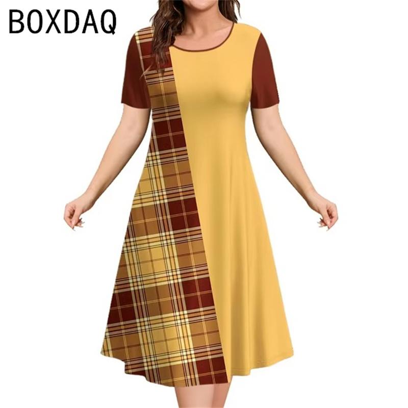Women Vintage Black White Plaid A3D Prints Dress Summer Short Sleeve O-neck A-Line Dress Big Size Elegant Women's Dress