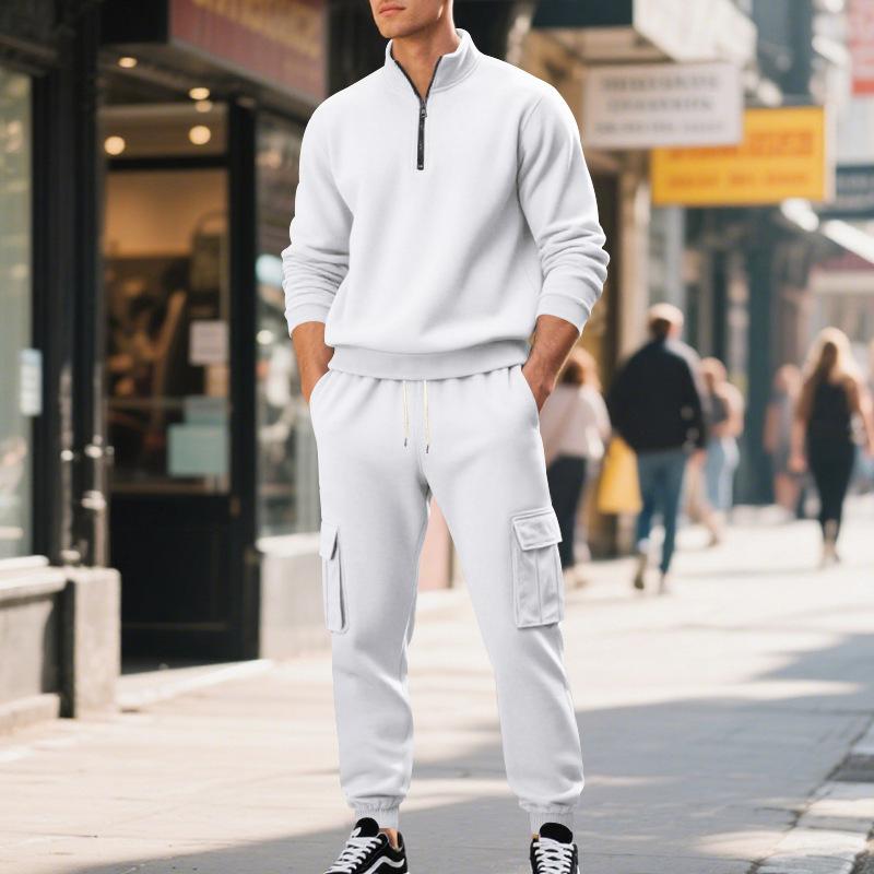 Новый американский мужской повседневный вельветовый теплый костюм со спортивными брюками на молнии и карманами однотонного цвета