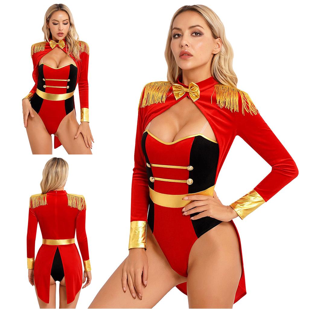 Women's Halloween Circus Ringmaster Cosplay Costume Long Sleeve Bodysuits Role Play Outfits