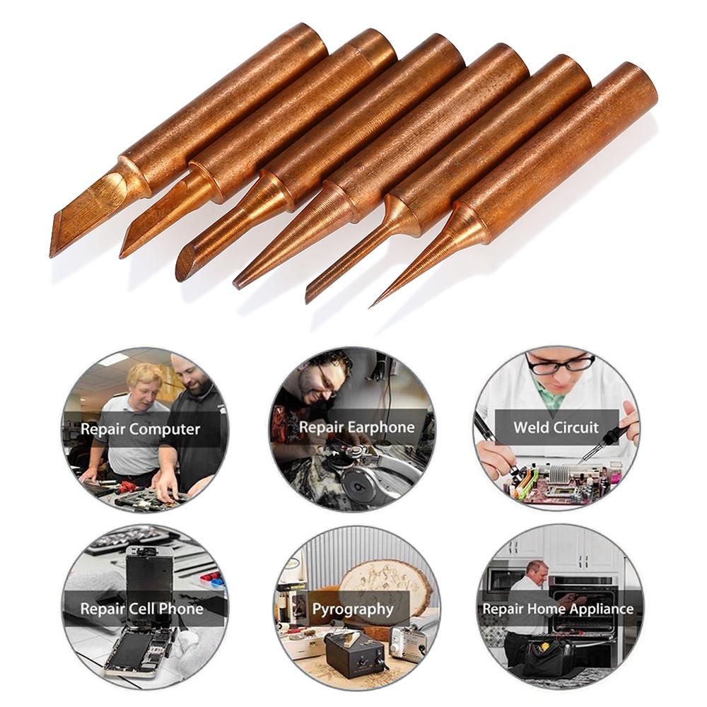 6PCS Copper Soldering Iron Tips Replacement Solder Tip free Welding Head for 900M T Soldering Rework Station Repair