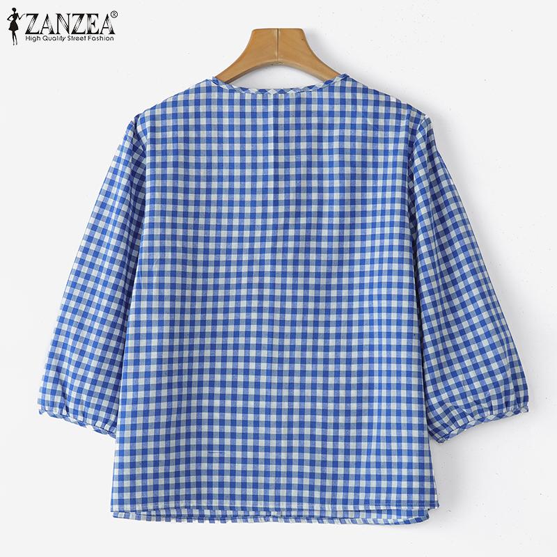 ZANZEA Женская повседневная блузка с V-образным вырезом и рукавом 3/4, свободная клетчатая блузка