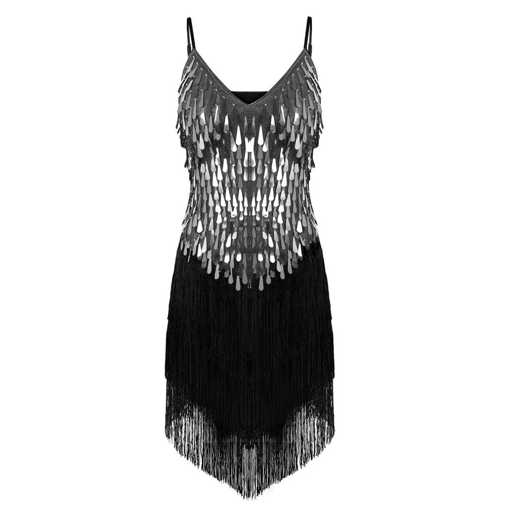 Women Sleeveless Sparkling Sequins Fringe Ballroom Samba Tango Latin Dance Dress Stage Performance Costumes