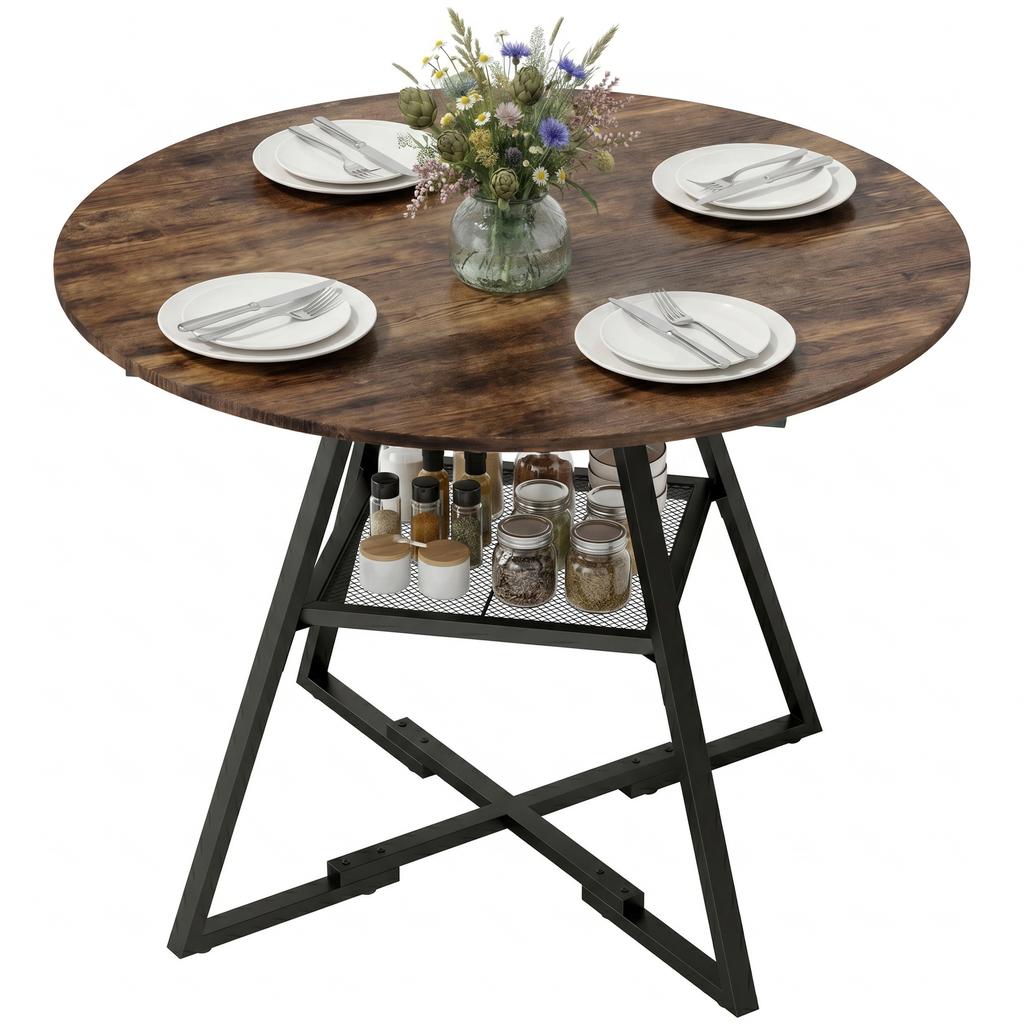 Dining Table for 4 People, 100 cm Round Industrial Kitchen Table with Storage Shelf, Rustic Brown