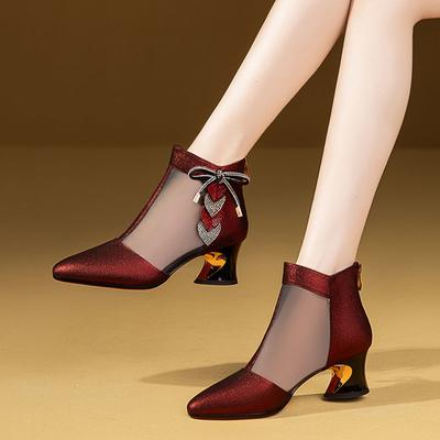 Женские кожаные сандалии Fhanchu, ботинки, летние туфли в сетку на квадратном каблуке, стразы, молния сзади, острый носок, синий, красный, Прямая поставка