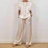 Women's Satin Silky Two-Piece Set Casual Crew Neck Short Sleeve Top Wide Leg Pants Set Loose Loungewear Outfit for Spring Summer
