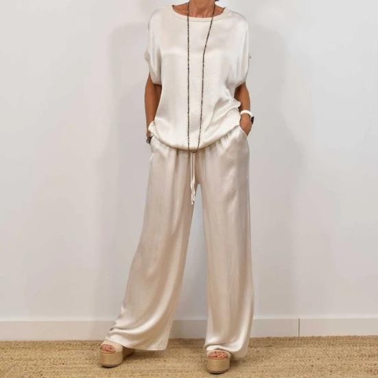 Women's Satin Silky Two-Piece Set Casual Crew Neck Short Sleeve Top Wide Leg Pants Set Loose Loungewear Outfit for Spring Summer